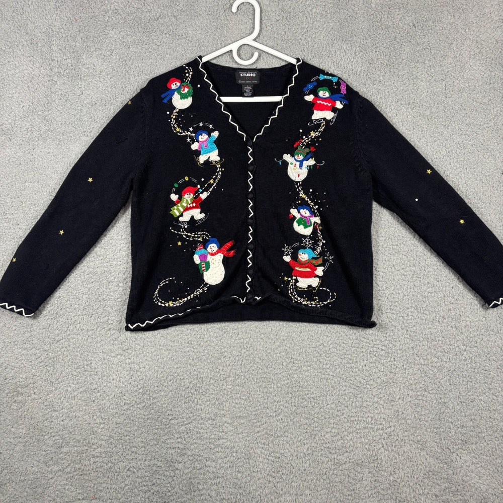 Designers Originals Cardigan Womens L Black Studio Joy Snowman Embroidered Knit